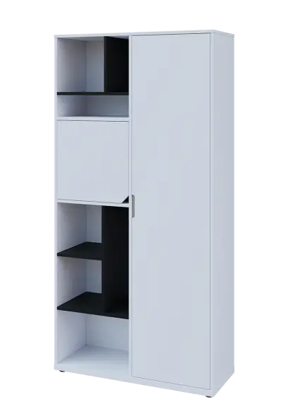 KSR6-83 P skříň šatní, 1x výsuvné ramínko, dvířka, niky, 2053x1022x400 mm, provedení pravé, korpus a dvířka bílá sněžná/police černá